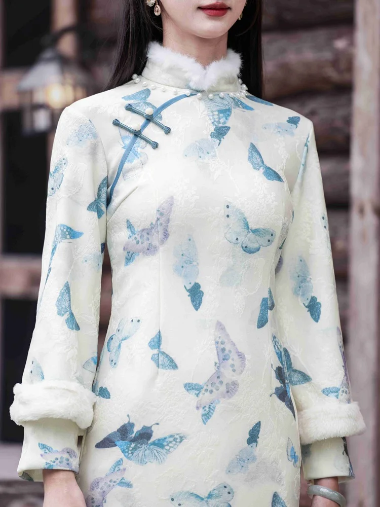 2025 Autunno Nuovo Stile Cinese Retro Temperamento Elegante Cheongsam Migliorato Abito da Donna Inverno Farfalla Stampato Migliorato Qipao