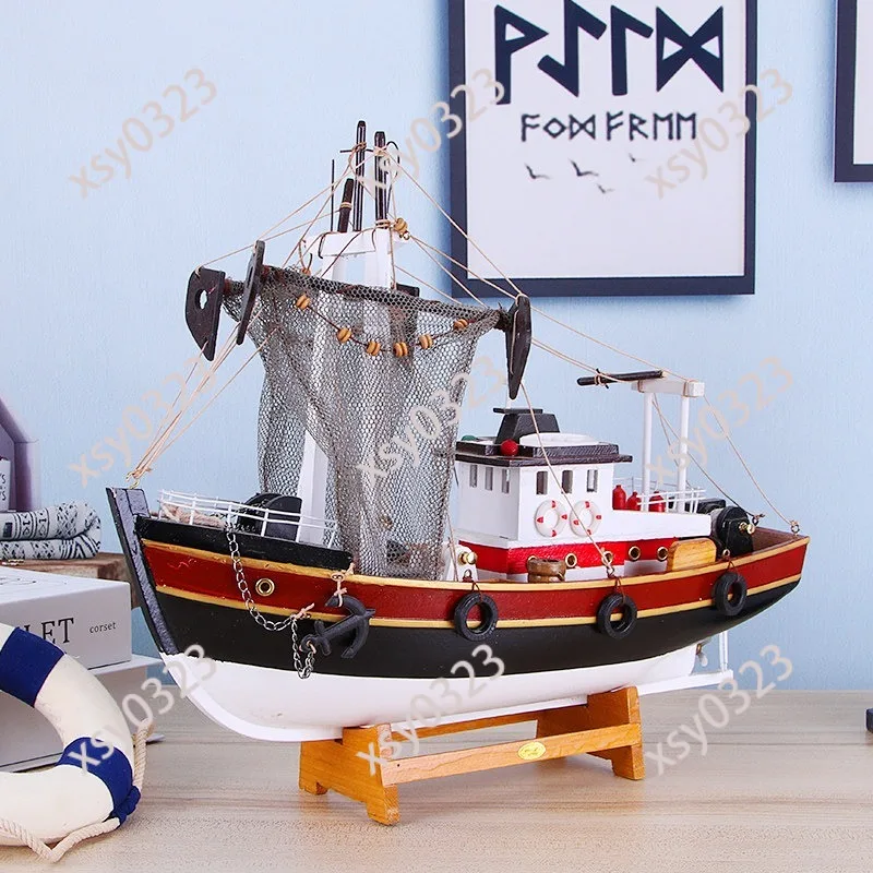 

Mediterranean Style Wooden Fishing Boat Model Decorative Ornament Handcrafted Craft Gift