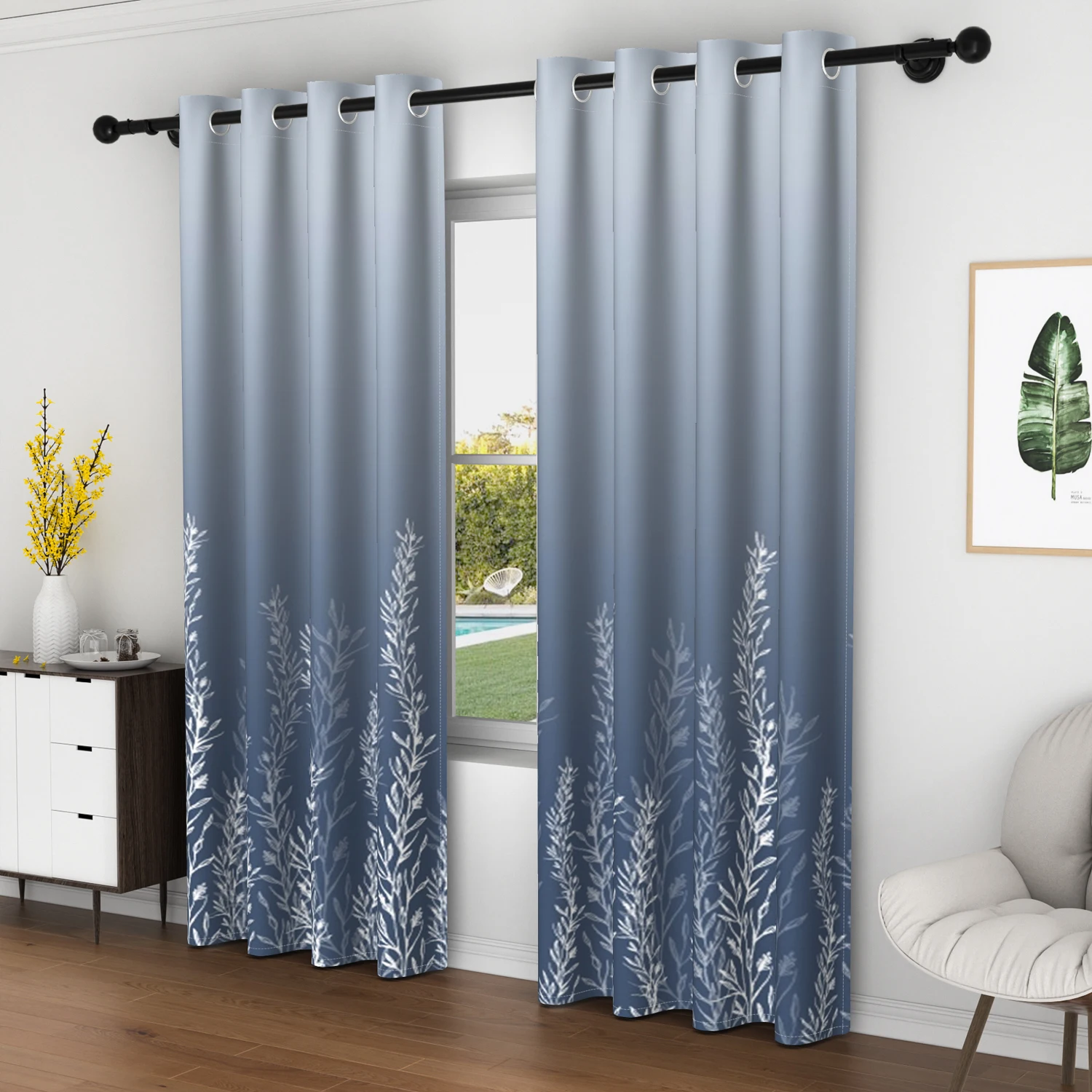 Gradient Leaf Print Blackout Curtains 2