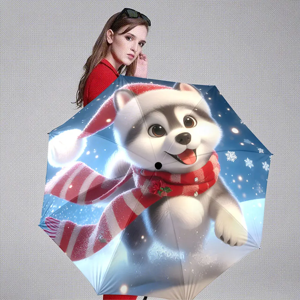 Cute Husky Dog with Red Scarf and Snowflakes Design portable waterproof sun rain umbrella for outdoor travel beach