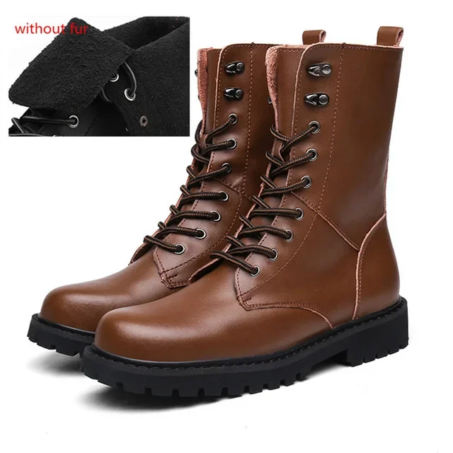 Botas de motocicleta de couro impermeáveis masculinas, sapatos casuais quentes, calçado tático de vaqueiro, tamanho grande, inverno