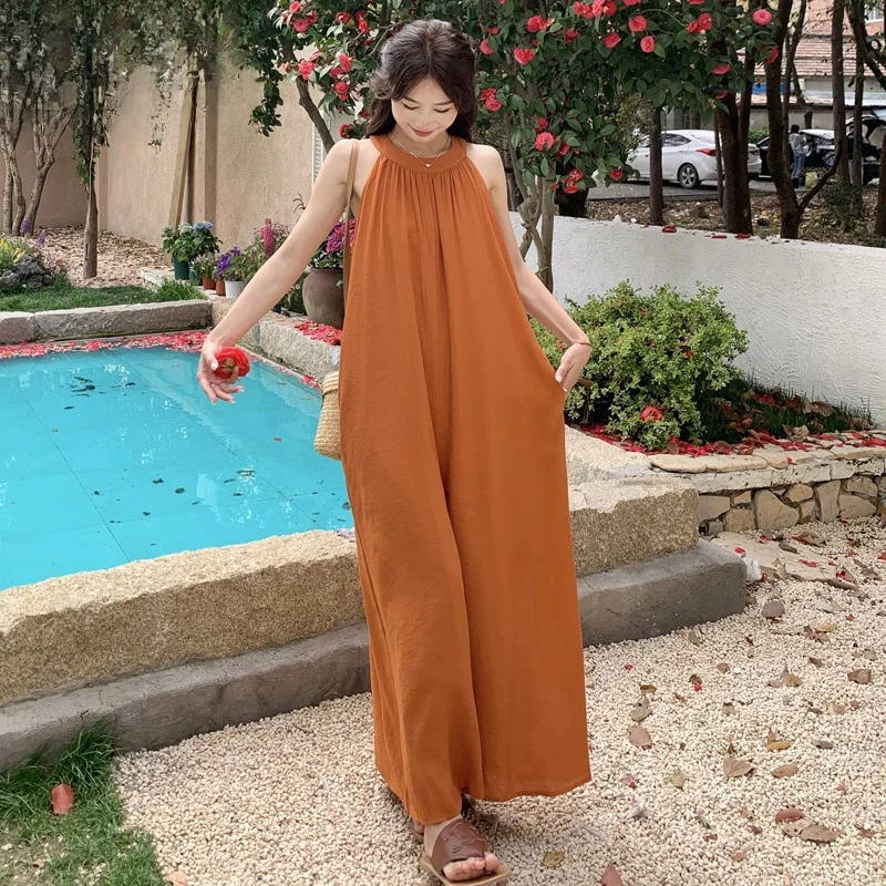 

Retro Hong Kong Sle One-Piece Pants Women's Summer Design Sensation Hanging Ne Loose Slim Wide Leg Dr Pants