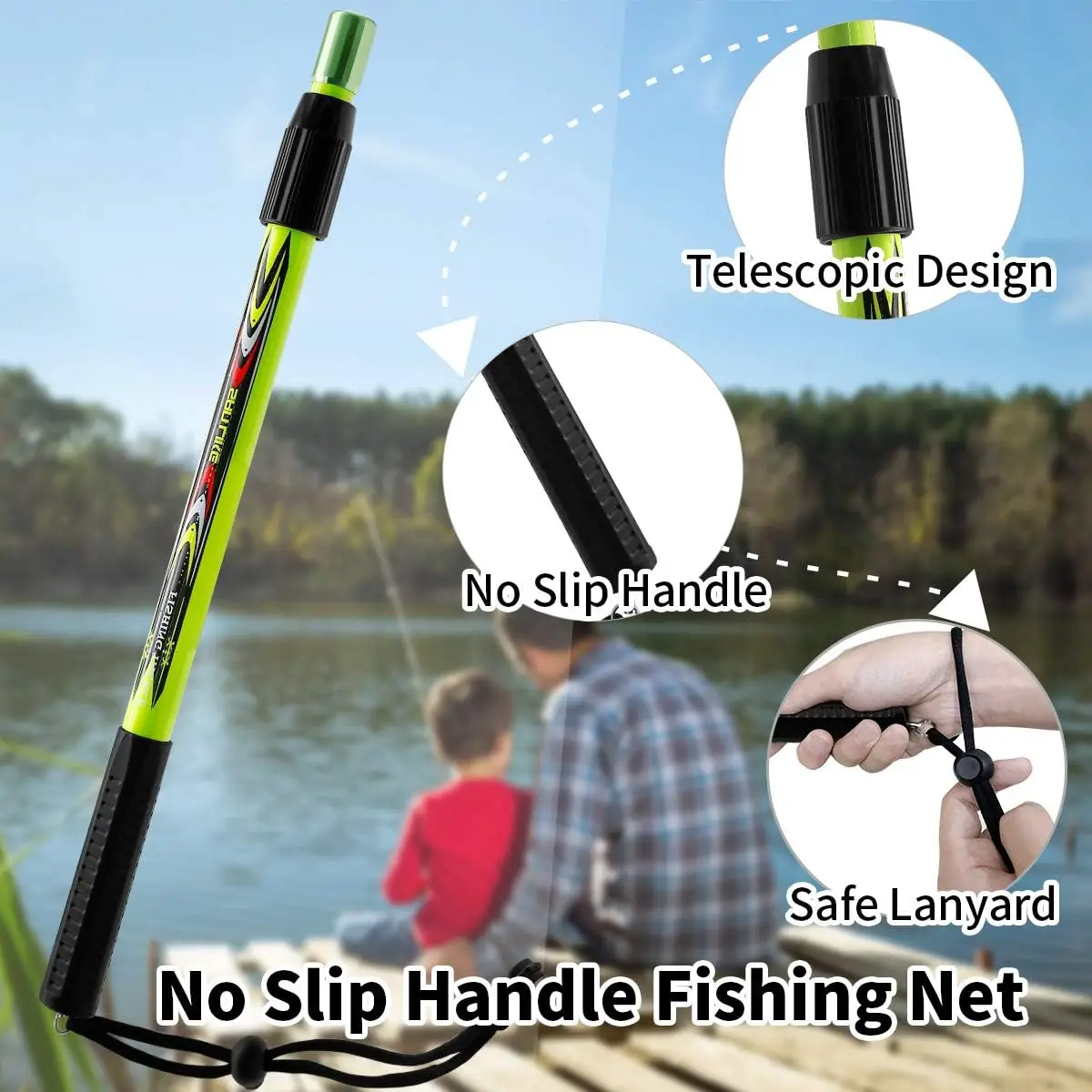 SANLIKE Fishing Net Fish Landing Net Collapsible Fish Net with Anti-Slip Telescoping Rubber Pole Handle for Kids Adults