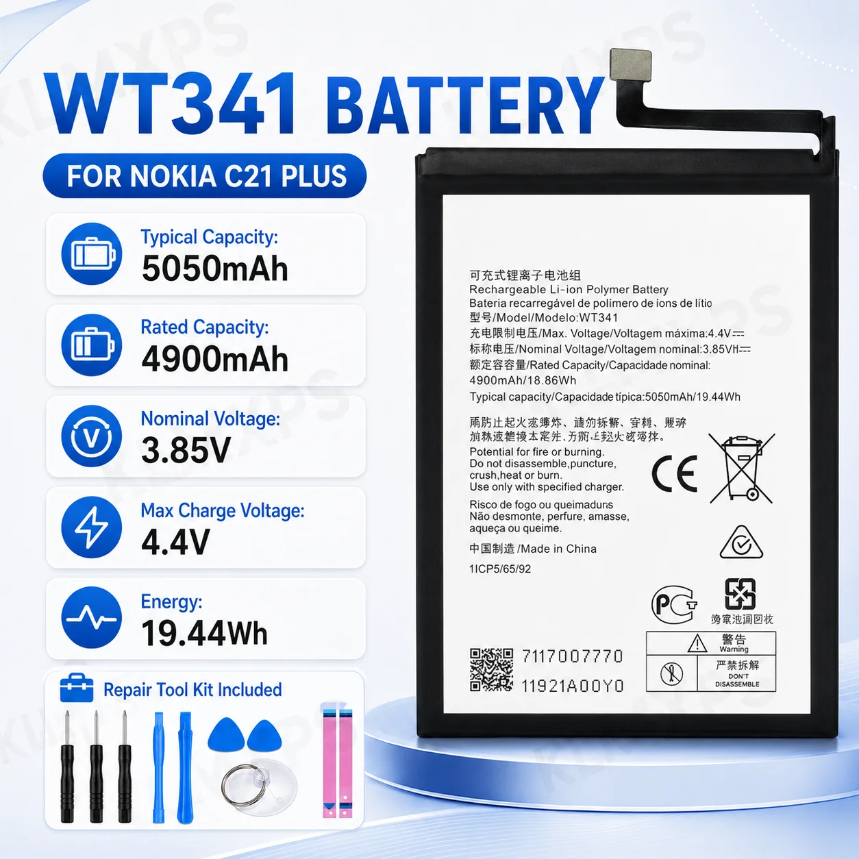 WT341 Battery 5050mAh 3.85V Rechargeable Li-Polymer Replacement Battery for Nokia C21 Plus TA-1433 TA-1431 with Tool Kit