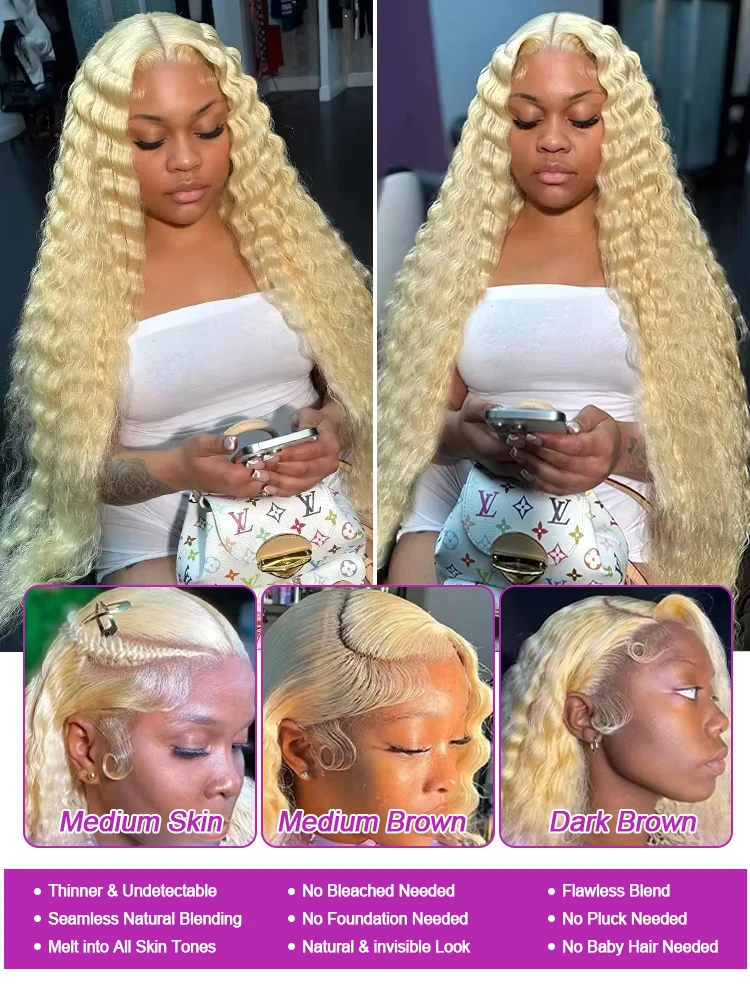 613 Blonde 13x6 HD Lace Frontal Wig 40 Inch Deep Wave Human Hair Honey Blonde Lace Front Wig Pre Plucked Natural Hairline For Women Cosplay - view 4
