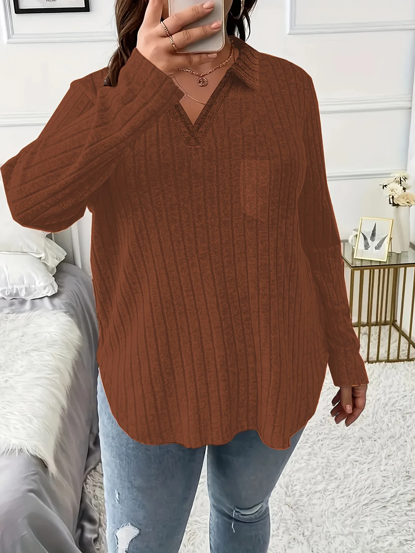 AliExpress 2024, europejska i amerykańska, transgraniczna, plus size, jednokolorowa, luźna koszulka z długim rękawem i dekoltem w kształcie litery V