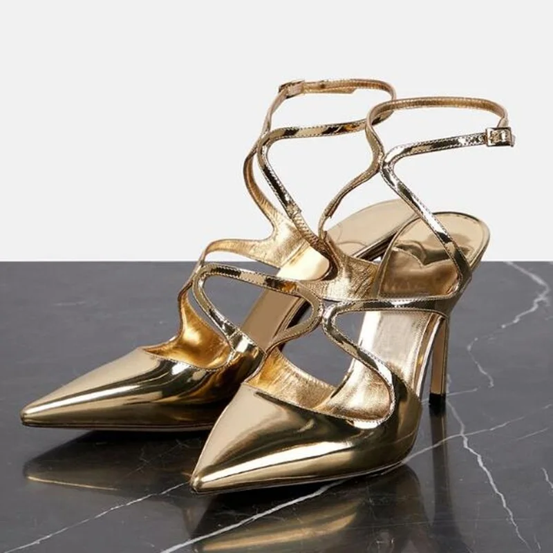 

Gold Metallic Leather High Heel Pumps Cross Strap Hollow Cover Heels Women Banquet Dress Shoes Pointy Toe