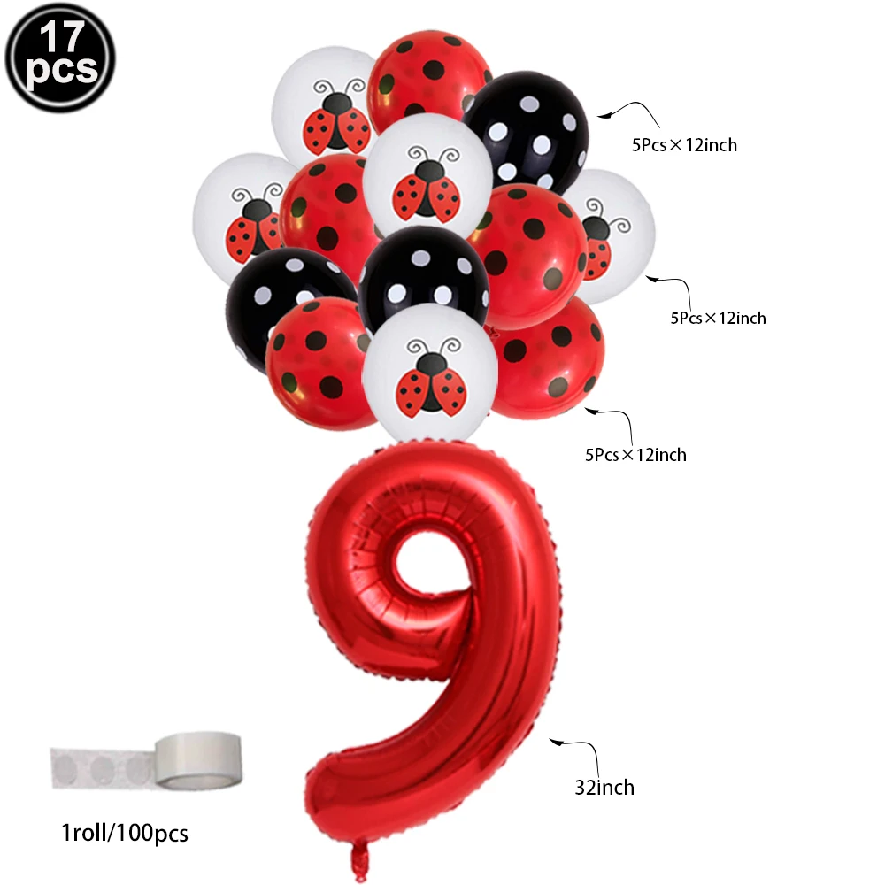 17Pcs Red Large 32inch Numbers Balloons Ladybug Pattern Red Black Polka Dots Latex Balloons for Ladybug Party Birthday Decortion