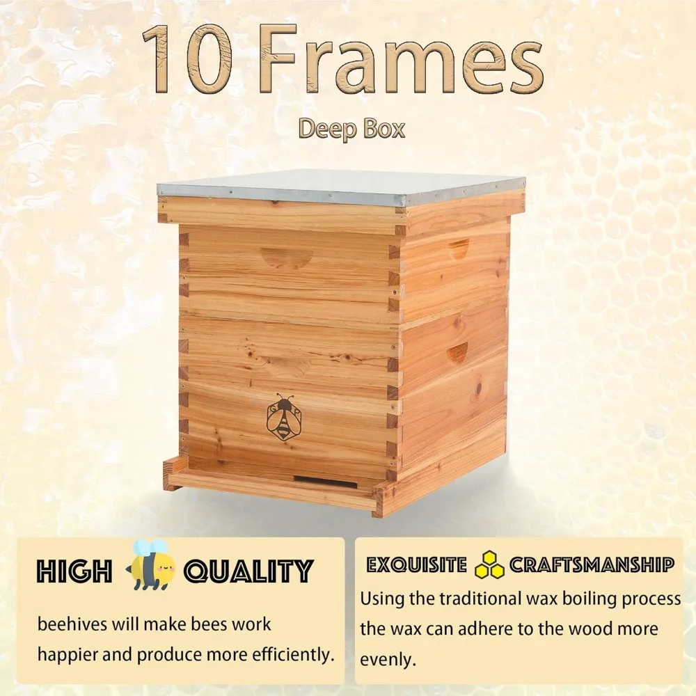 Beehive, Bee Hives Boxes Starter Kit, Beehive, 10-Frame Complete Beehive Kit, 100% Beeswax Coated Bee Boxes-2 Layer(Unassembled)