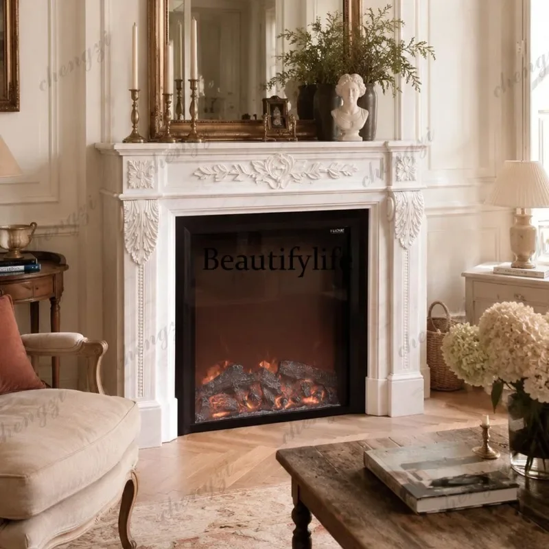 Fireplace Quiet Wind Natural Elegant White Marble Living Room Advanced French Medieval Designer Fireplace Rack