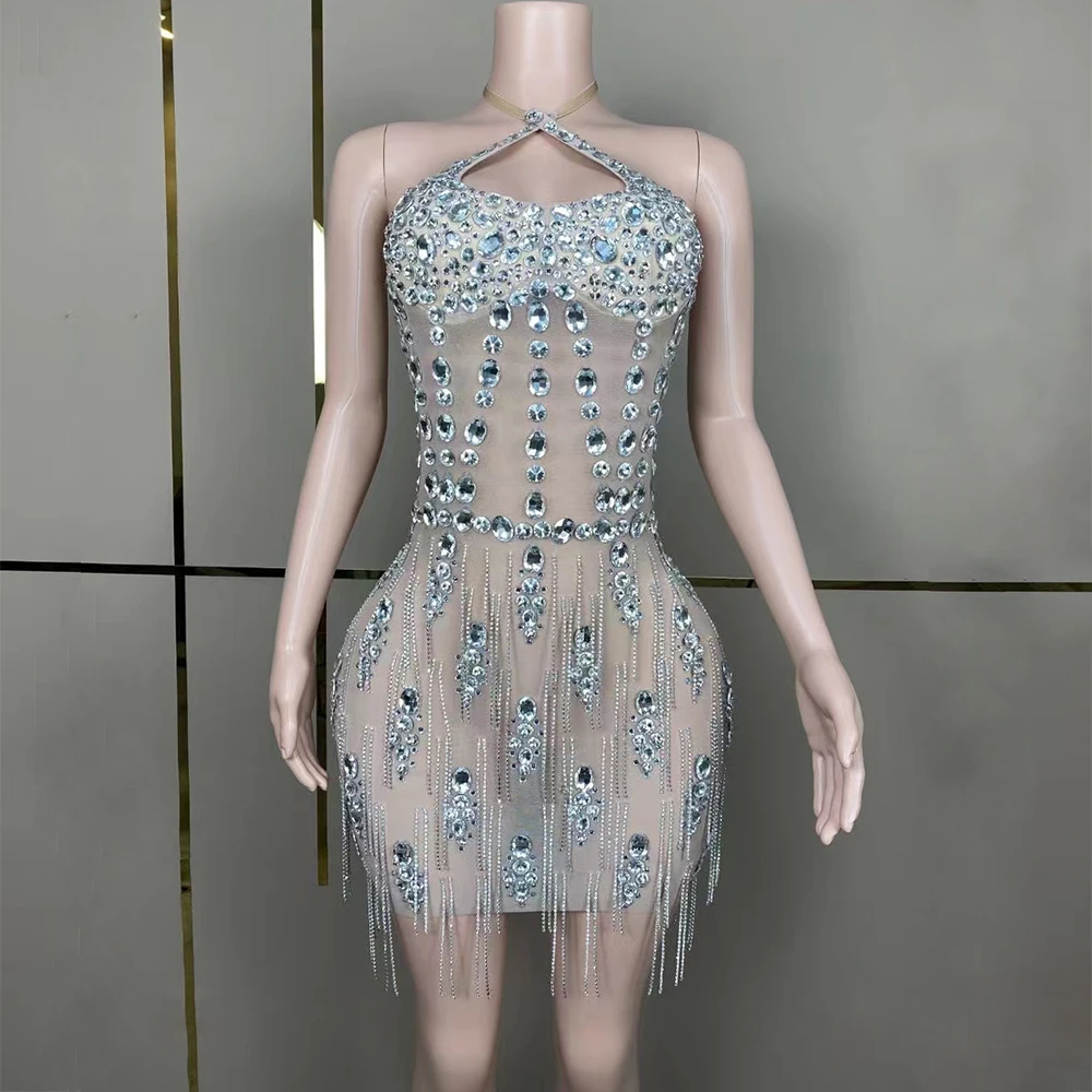 Robe de Soirée en Dentelle Transparente avec Glands Personnalisés, Tenue à Manches Courtes, Haute artificiel asticité, Paillettes, Sexy, Moulante, pour Spectacle sur Scène