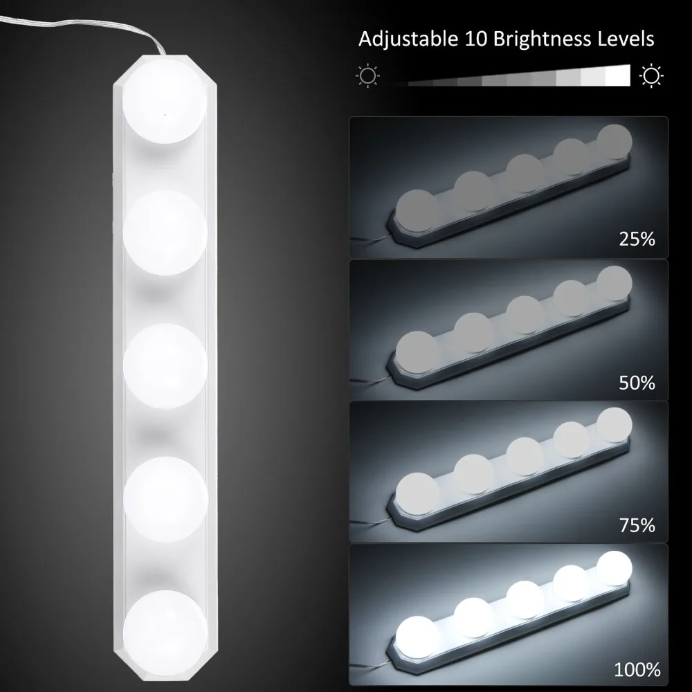 5 Bulbs LED Vanity Lights 10 Brightness Levels USB Powered Mirror Lights 3 Color Temperature Dimmable Control