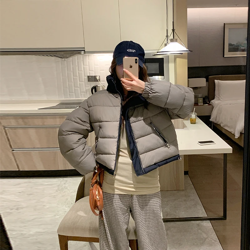 

Новый стильный двусторонний пуховик с цветными блоками, двустороннее теплое хлопковое пальто, утолщенная верхняя одежда свободного кроя с воротником-стойкой