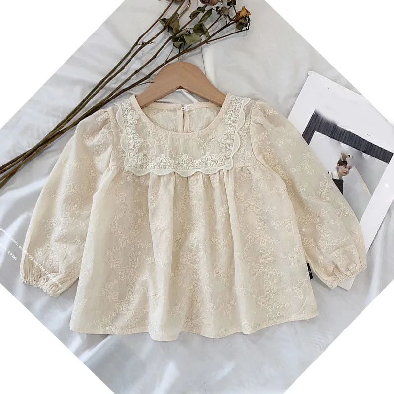 T-shirt Children\'s Girls\' Lace Shirt 2023 Spring New Long Sleeve Clothing Children\'s French Jacquard Doll Shirt Top