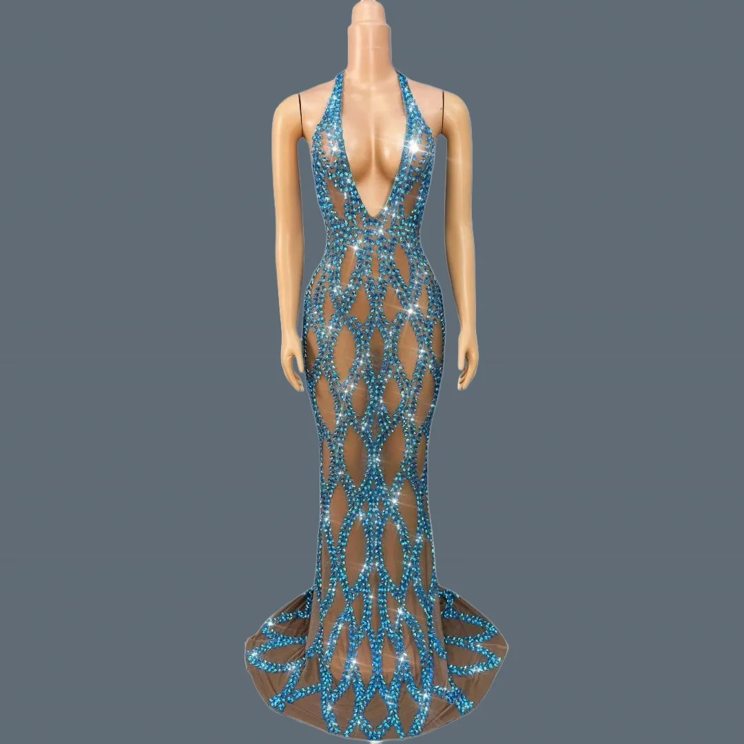 

Sparkly Blue Crystals Deep V Neck Floor-length Dress Sexy Luxury High-end Evening Gown See Through Mesh Long Dresses Tengliuzhi