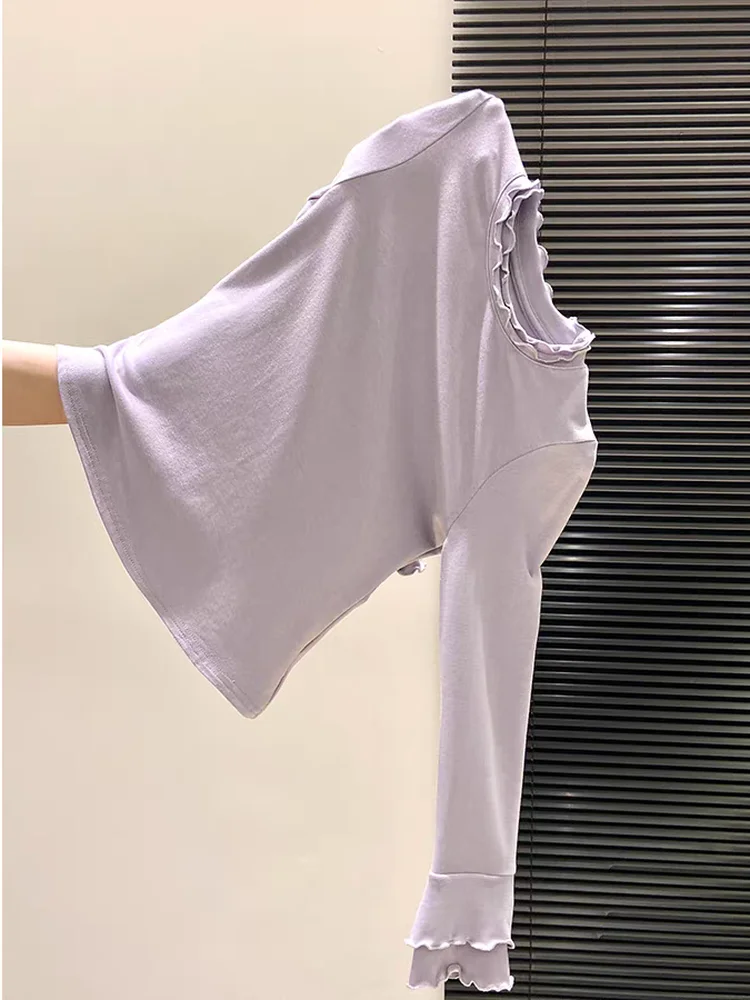 Solid Color Simple Long Sleeve T-shirts Early Spring New Patchwork Ruffle Round Neck Interior Tops Soft Comfort Versatile Tees