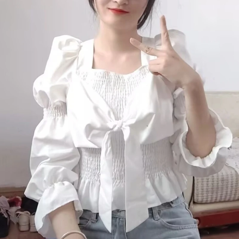 

Blouses Women Stylish Long Sleeve Femme Solid Casual Crops Sweet Girl Clothes Spring Basic Big-bow Preppy Style Blusas All-match