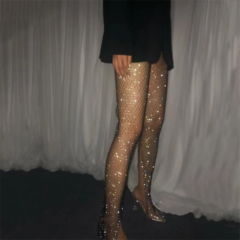 Sexy Fishnet Mesh ausgehöhlte Freizeithosen funkelnde Diamant elastische enge Hosen Party Musik Festival Hosen 2026 neue Stile – Detail 9