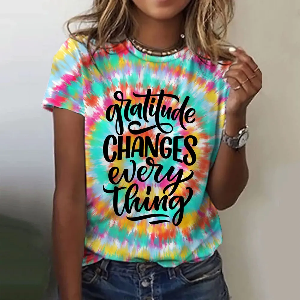 Summer Gradient Letter 3D Print T-shirts Women Streetwear Casual Fashion Y2k Short Sleeve T Shirt O-neck Tees Tops Clothing