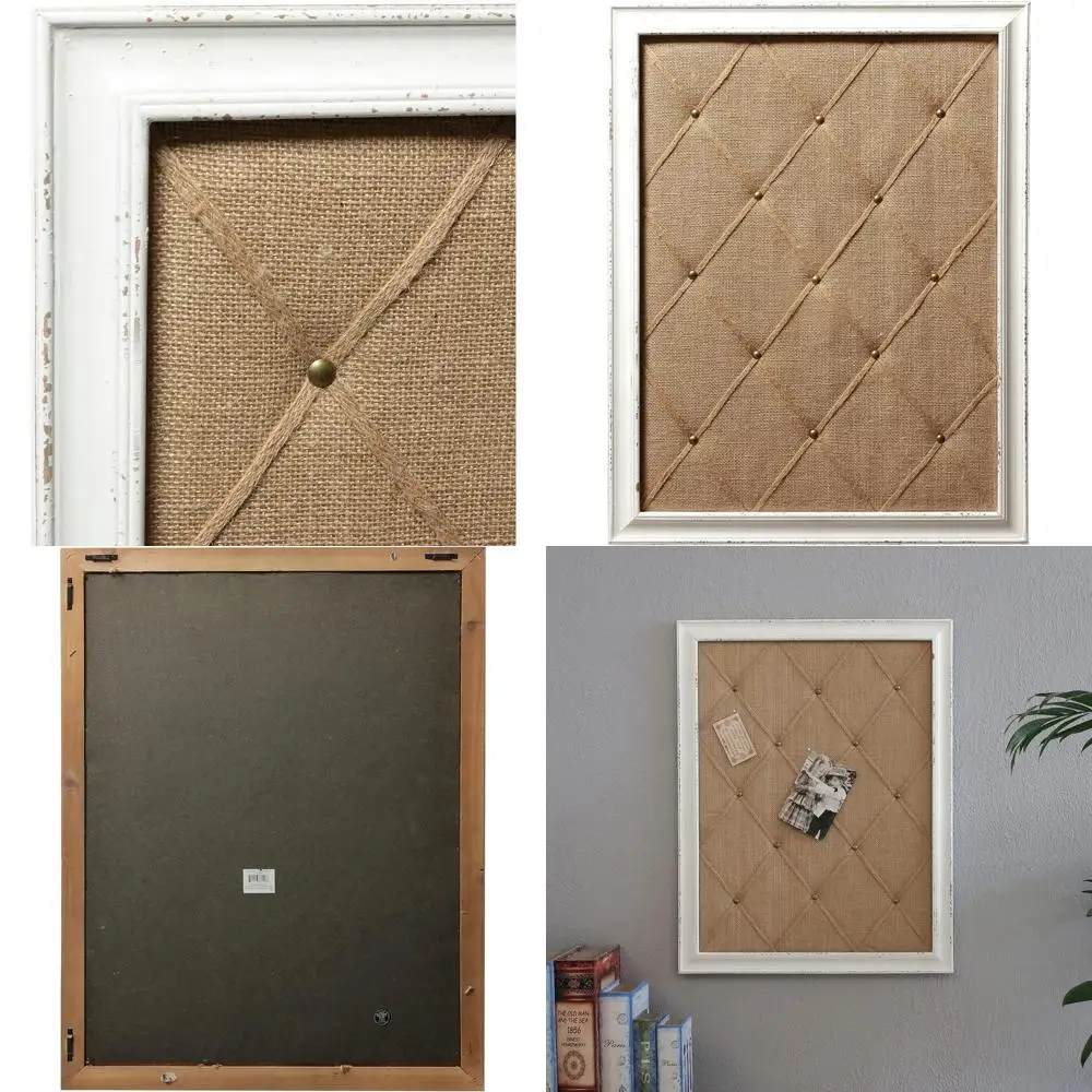 

Vintage White Linen Pinboard, 21x27 Wall-Mounted Message Board, Burlap-Styled Corkboard, Large Framed Decor for Home and Office