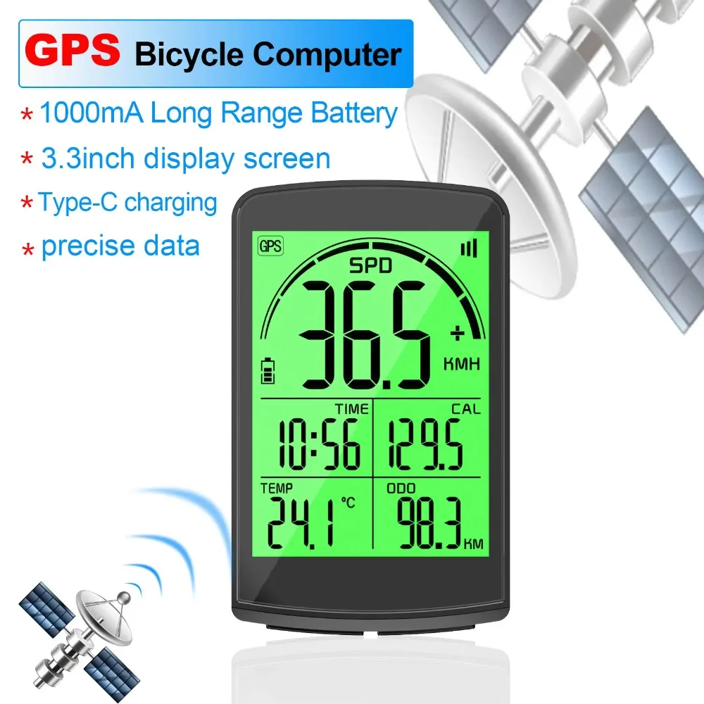 3.3-inch Bicycle Computer GPS Backlit Wireless Bicycle Digital Odometer TYPE-C Rechargeable Bicycle Speedometer IP65 Waterproof