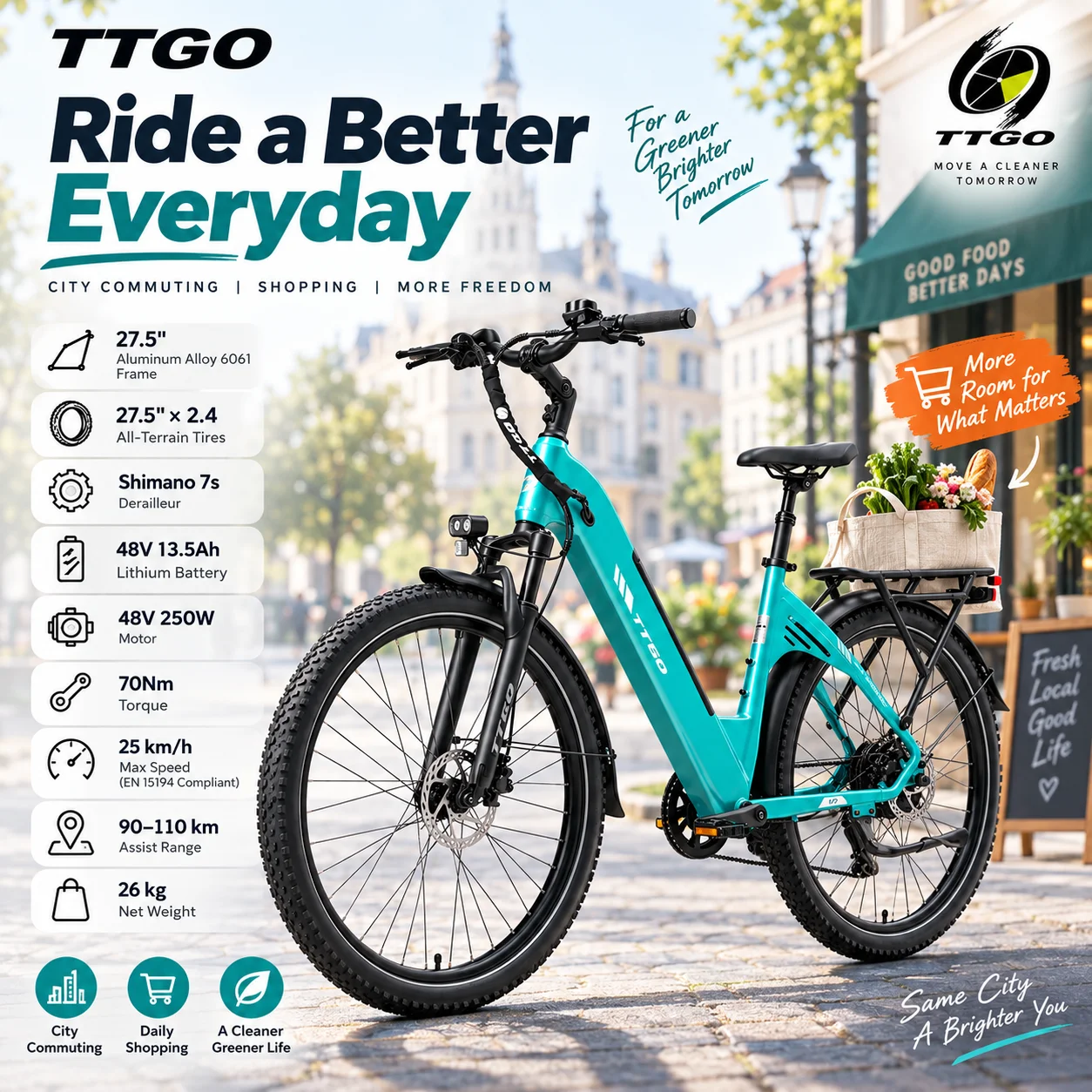 Bicicletta elettrica da città TTGO C5 con telaio ribassato, pneumatici CST da 27,5 pollici, batteria rimovibile da 48V 13,5Ah 648Wh, motore brushless da 250W 70Nm, cambio Shimano a 7 velocità, freni a
