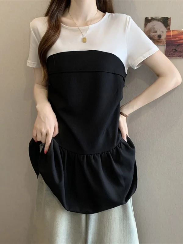 Summer Women's Short Sleeve T-Shirt Base Shirt Midi Skirt Bell Bottoms Splice Soft Comfortable Knitted round Neck Casual Top