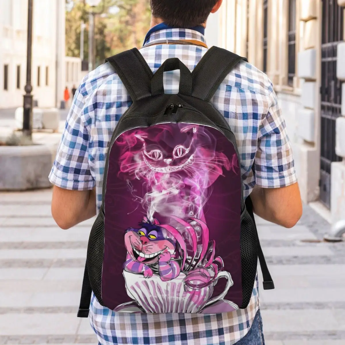 Customized Cheshire Cat Backpacks Men Women Basic Bookbag for School College Alice In Wonderland Cartoon Bags