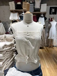 New Lace Patchwork Beige Camis Women Summer Single Breasted Drawstring Slim Tank Tops Vintage Streetwear Sweet Cotton Crop Top