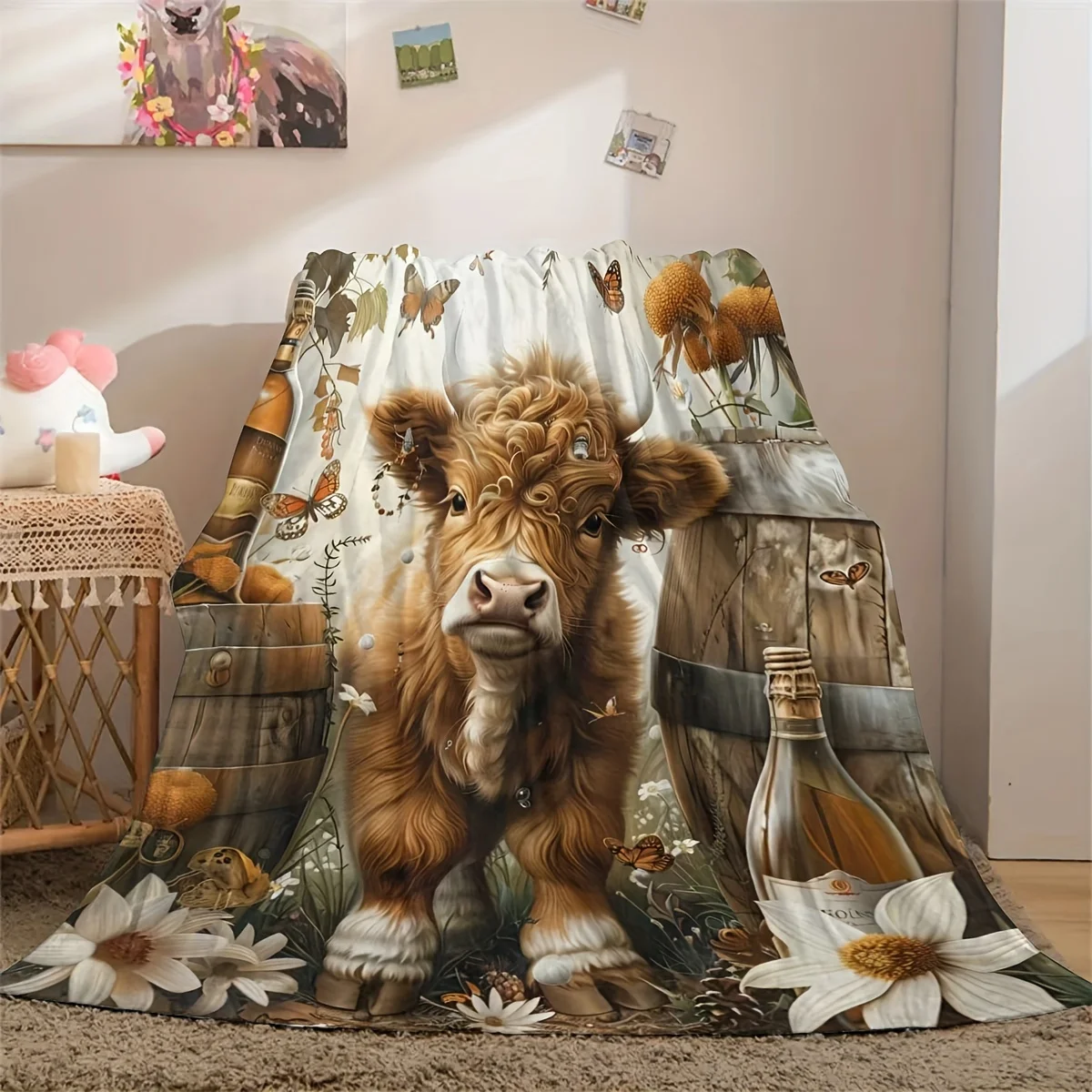 Charming Highland Cow with Flowers and Butterflies Blanket - Soft, Cozy, Stylish Decor for Ultimate Home Comfort and Ideal Gift