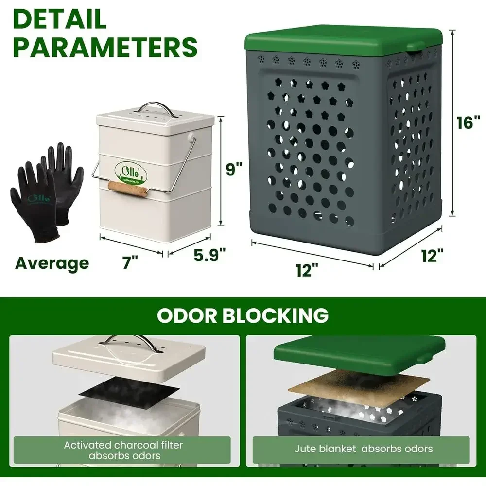 1-Gallon Kitchen Compost Bin with 8-Gallon Worm Bin, Garden Gloves, and Jute Blanket - Compact Indoor Outdoor Composting System