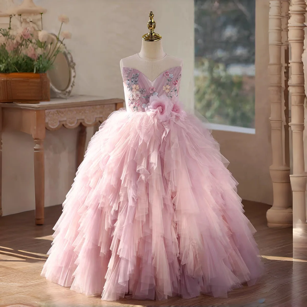 Jill Wish J613 Pink Tiered Ruffle Ball Gown for Girls Long Tulle Princess Dress Floral Embroidery Kids Wedding Pageant Birthday