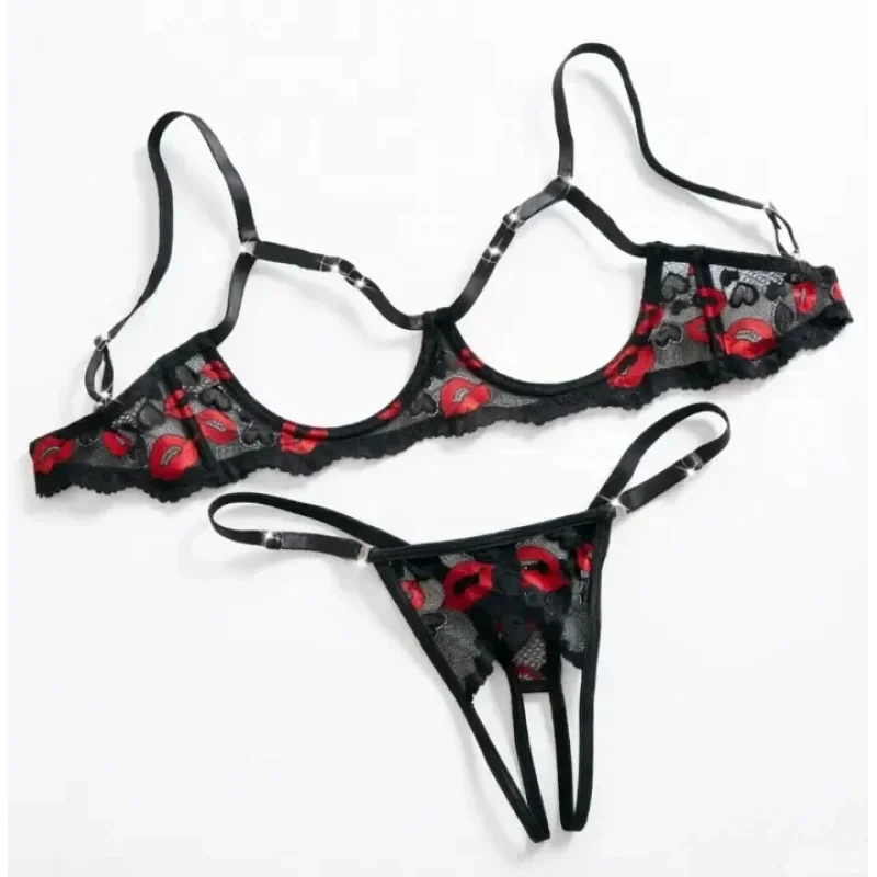 

Sexy Female Lingerie Open Cup Bra And Thong Erotic Set Underwire Brassiere Crotchless Panties Slip Couples Nightwear Easy Access