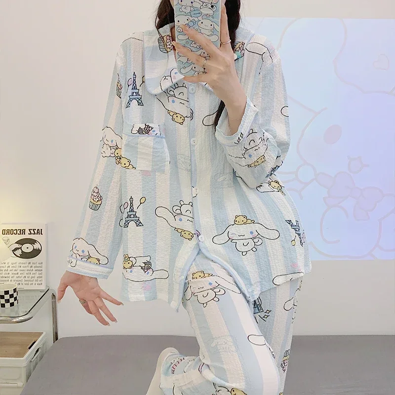 Sanrio jade cinnamon dog silk pajamas women's autumn pure cotton cartoon long-sleeved trousers loose home women's pajamas set