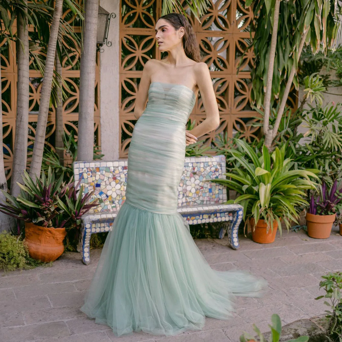 Garden Light Green Mermaid Prom Gowns Strapless Pleated Tulle Long Women Formal Party Dresses Bridal Party Dress