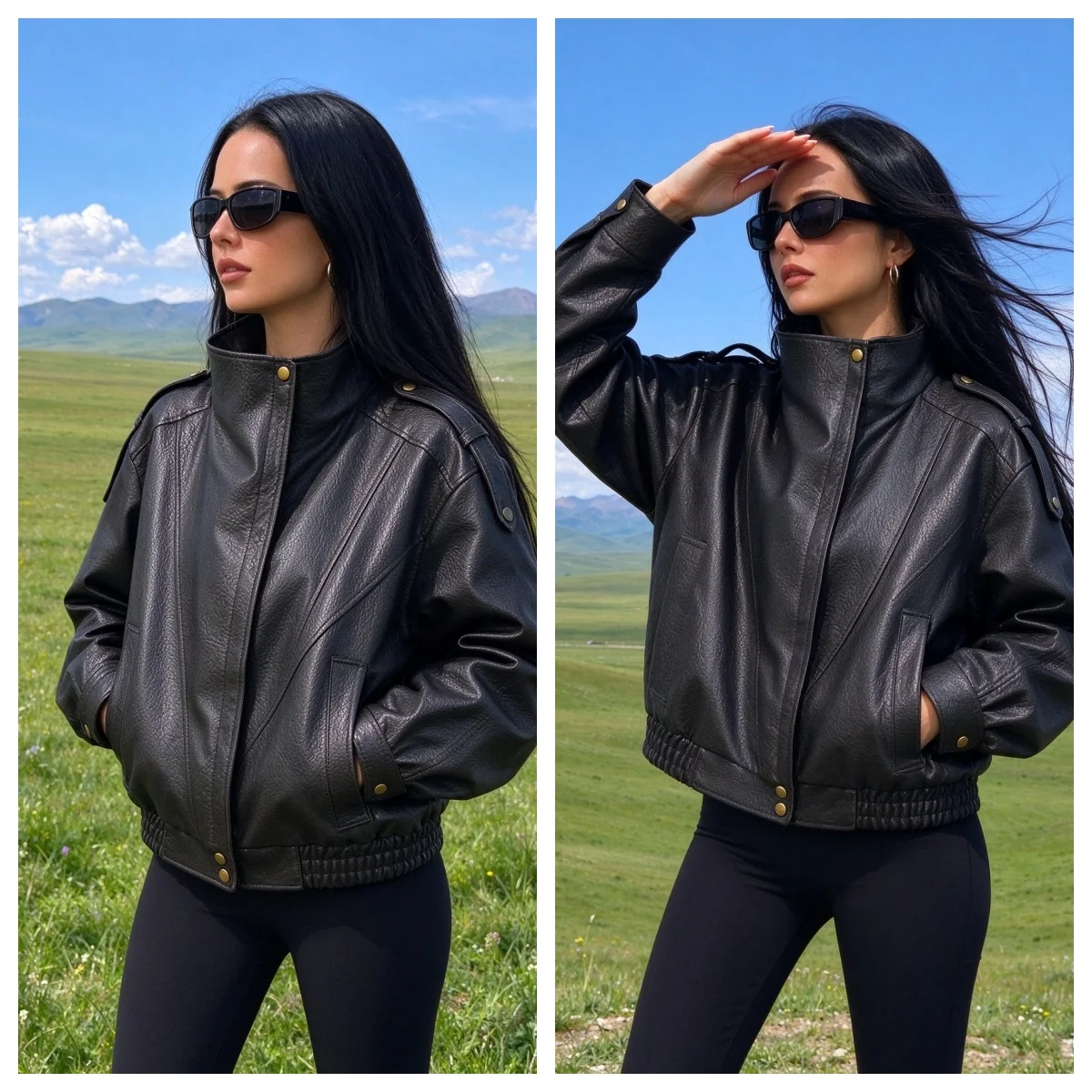Guobioziy Women's Top 2026 Spring and Autumn New Fashion Versatile Solid Color Long Sleeve Litchi-Pattern Leather Jacket