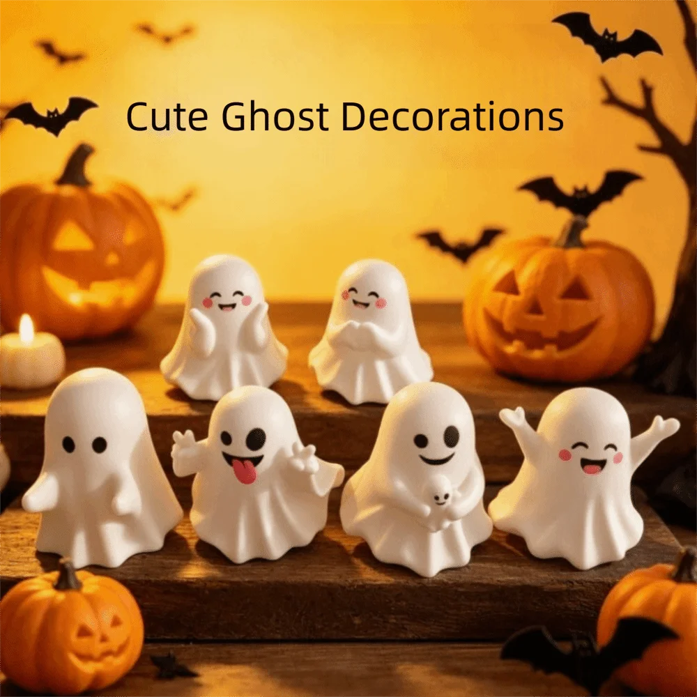 Flocked Texture Ghost Figurines Soft Touch Smiling Faces Ghost Statue Eco Friendly Pure White Color Ghost Decorations