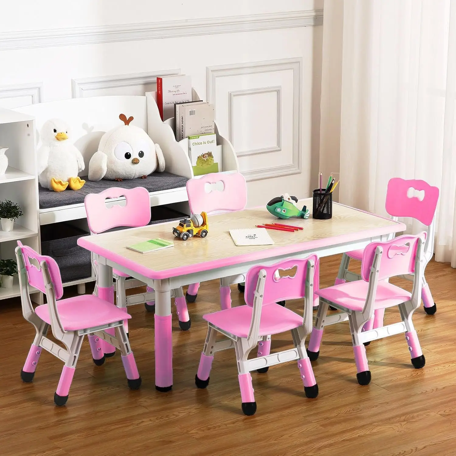 Kindergarten Kids Table and Chairs Set Toddler Height Adjustable Desk with Graffiti Desktop, Arts & Crafts Table with 6 Seats