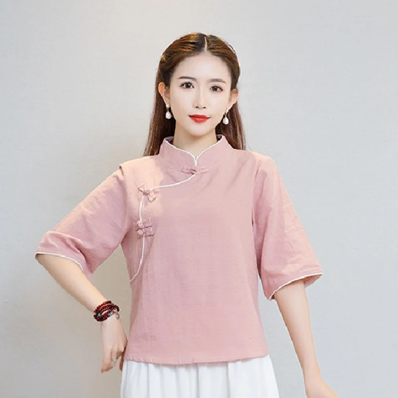 

Chinese Style Cotton Linen Top Women's Summer Wear Loose Seven-quarter Sleeve Shirt Chinese Retro Literary Solid Color Tea Dress