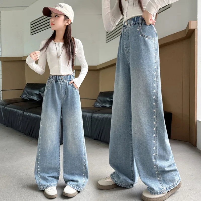 UNITIM Children Jeans Young Teenagers Girls Embroidery Wide Leg Pants Casual Elastic Waist 4-14Yrs Kids Baby Girls Denim Pants
