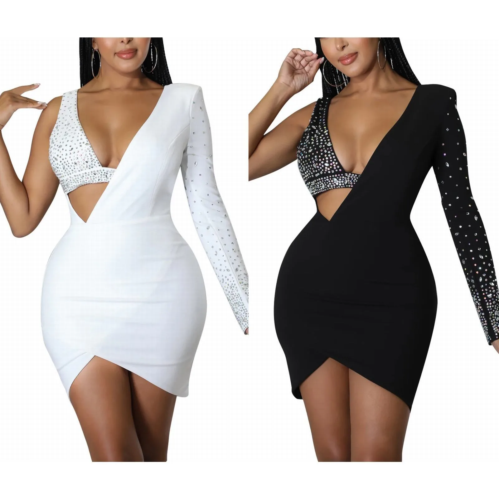 

Sexy Sleeveless Rhinestone Crystal Irregular Mini Dress Womens Deep V Neck Cut Out Patchwork Bodycon Night Clubwear Dresses