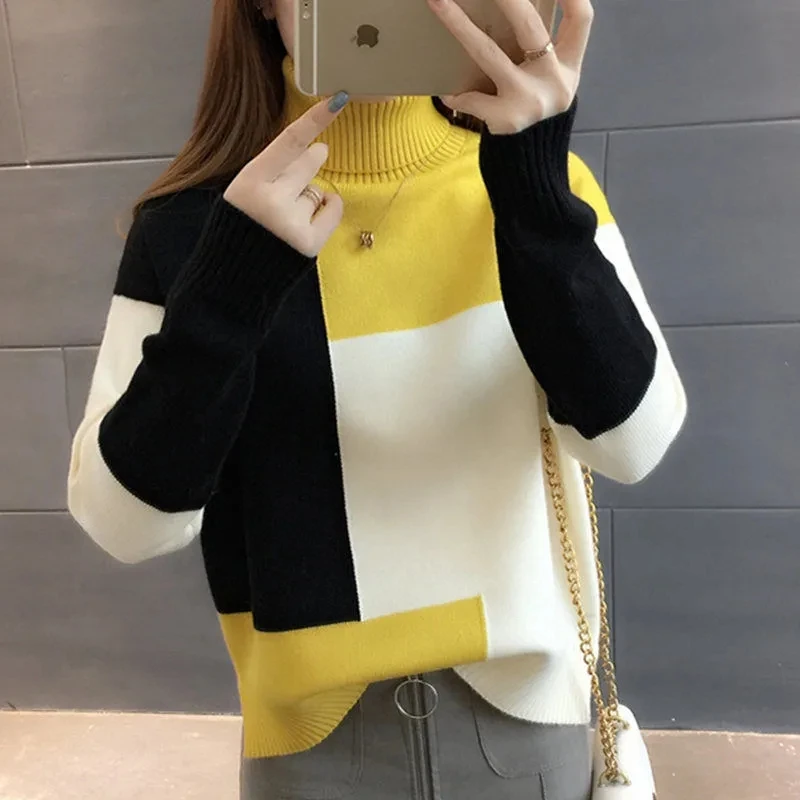 Women's Sweater 2023 New Autumn Winter Color Blocking Loose Sweaters Long Sleeve Turtleneck Jumper Soft Warm Pull Femme