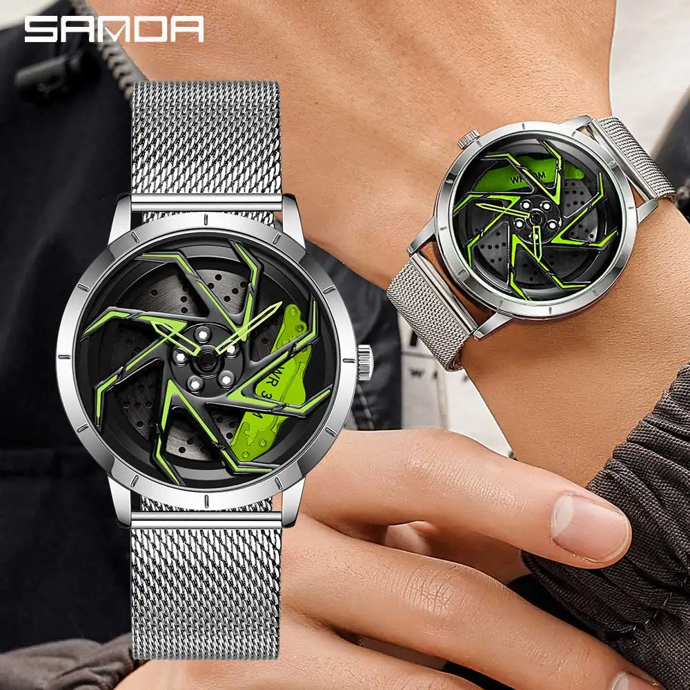 Fashion Hot Sell Car Rim Men Watches Stainless Steel Waterproof Sport Watch 360 Degree Rotating Wheel Rim Dial Quartz Wristwatch