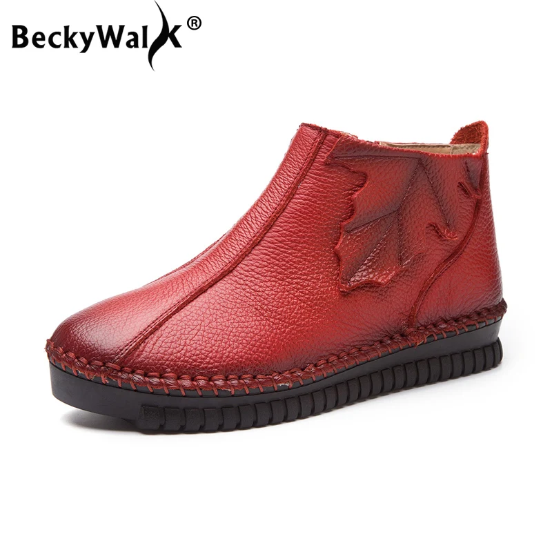 

BeckyWalk Winter Genuine Leather Women Shoes Large Size Ankle Boots Round Toe Ladies Booties Women's Short Snow Boots WSH3067