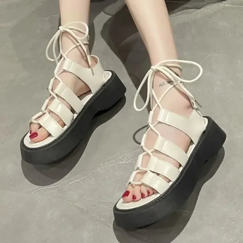 2024 Summer Sandals for Woman Women Solid Colors Lace-up Shoes Fashionable Outdoors Sandals Roman Style Beach Platform Footwear