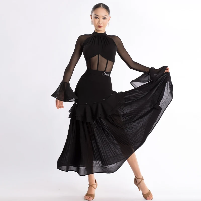 

Ballroom Dance Dress Women Black Flare Sleeve Bodysuit Pearls Skirt Standard Tango Waltz Dancing Performance Costume VDB8178