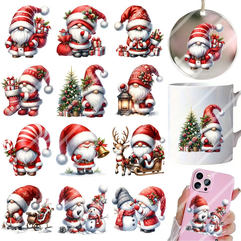 2 Stück Weihnachts-Winter-Weihnachtsmann-Gnom DIY UV DTF Transferaufkleber für Becher, Gläser, Tassen, Dosen, Weihnachtskarten-Dekoration