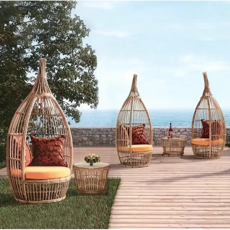 Modern Outdoor & Indoor Garden Rattan Chair & Sofa Set Casual Beach Birdcage Recliner Bird's Nest Net Celebrating Art Design