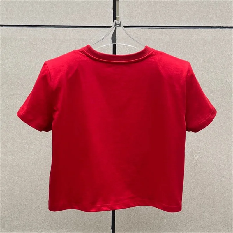 Camiseta para mujer, nueva camiseta de manga corta ajustada de punto elástico para verano 2025, jersey de algodón puro ahuecado bordado y2k