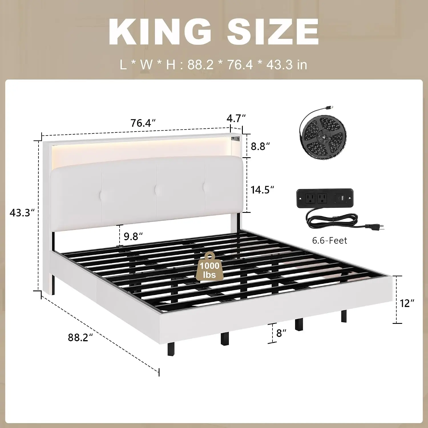 Floating King Bed Frame With Charging Station & LED Light, Storage Headboard, Heavy Slats, Noise Free, No Box Spring, Customized